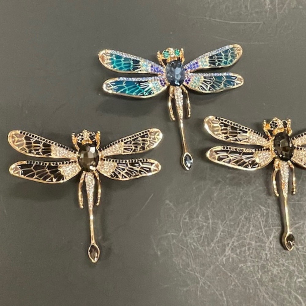 3 Extra Large Black Gold Multicolor Enamel‎ & Rhinestone Dragonfly Brooches